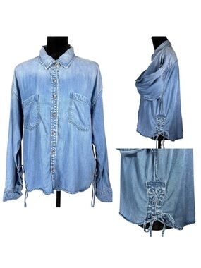 American Eagle Denim Shirt Western Blue Chambray Lace Up Button Ombre Jean Top